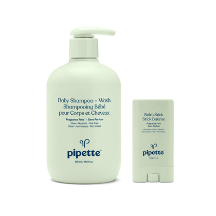 Pipette front view featuring shampoo and balm stick, gentle hydration on the go