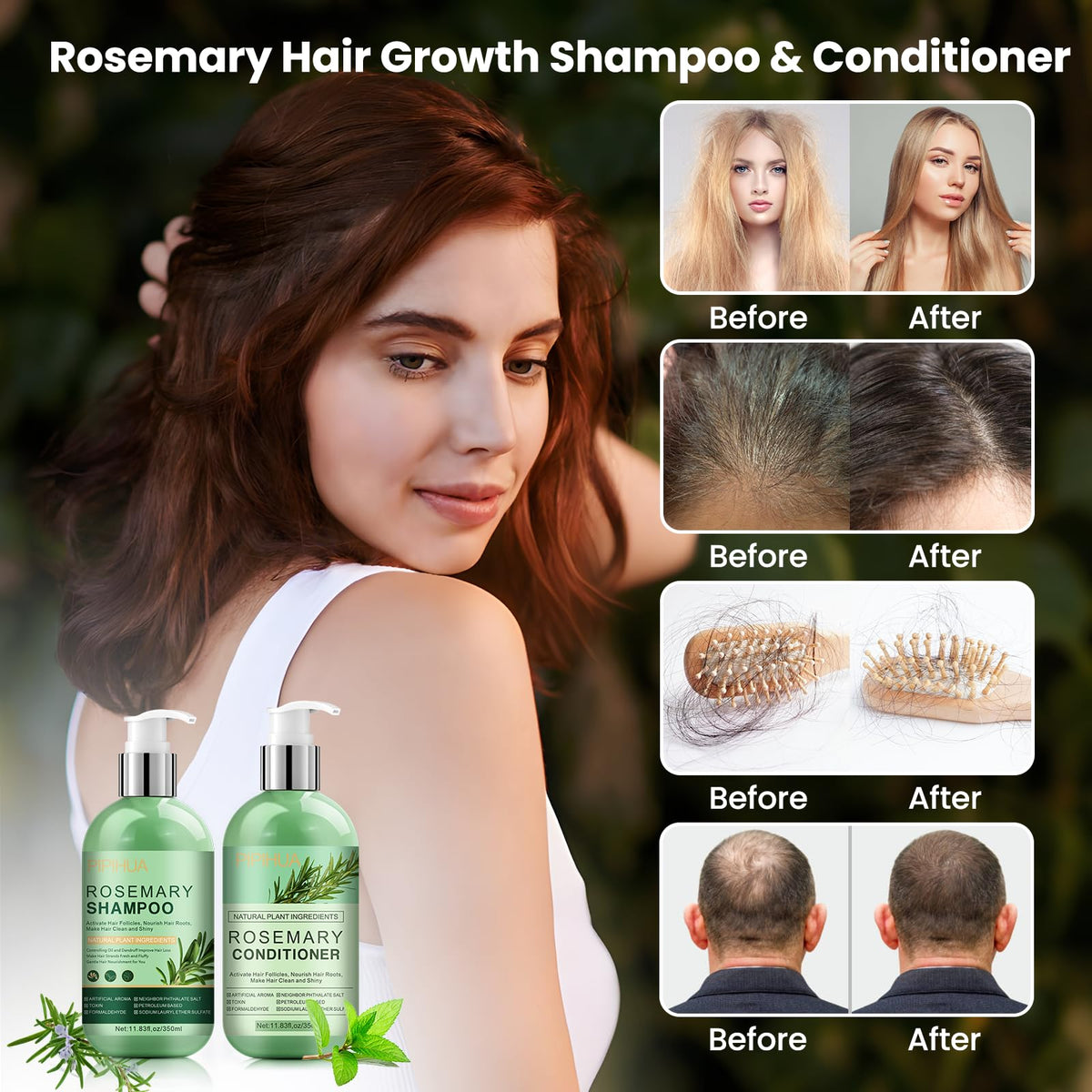 PIPIHUA label close-up highlighting rosemary and biotin ingredients for strengthening
