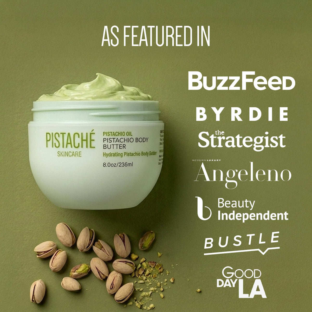 Pistaché Skincare 8 oz jar beside pistachio shells showing origin story benefit