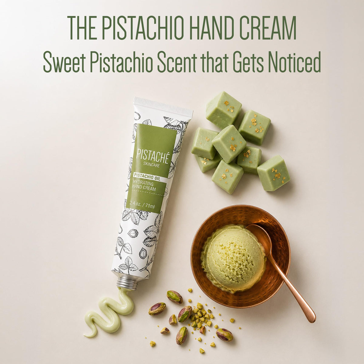 Pistaché Skincare applied to hands demonstrating fast absorption benefit