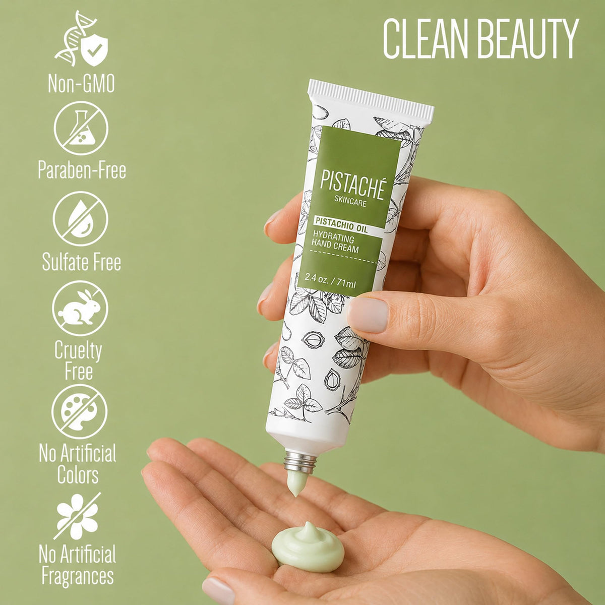 Pistaché Skincare label close-up highlighting clean ingredients benefit