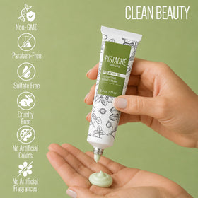 Pistaché Skincare label close-up highlighting clean ingredients benefit