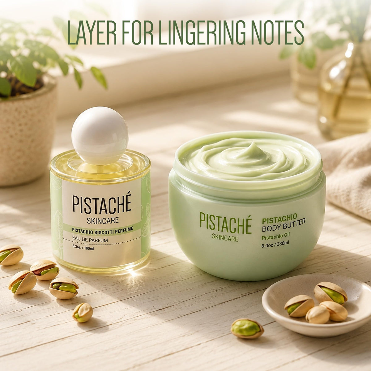 Pistaché Skincare jar on bathroom counter evoking daily ritual benefit
