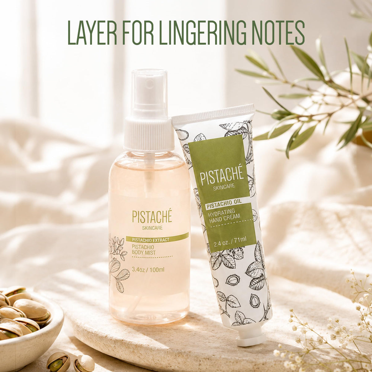 Pistaché Skincare displayed on bathroom vanity suggesting daily ritual benefit