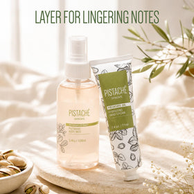 Pistaché Skincare displayed on bathroom vanity suggesting daily ritual benefit