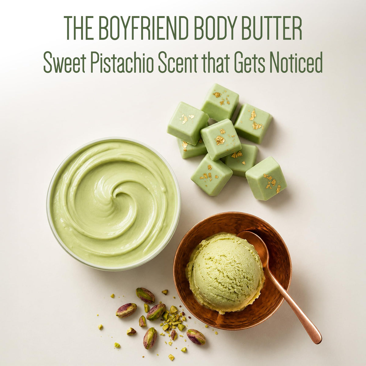 Pistaché Skincare scoop in hand demonstrating easy application and spreadability
