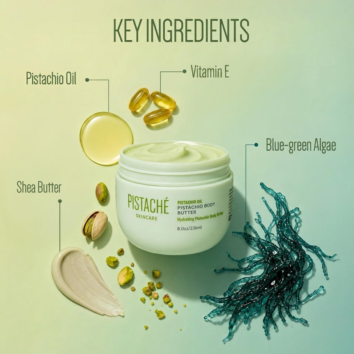 Pistaché Skincare jar on shelf showing scale and home storage benefit
