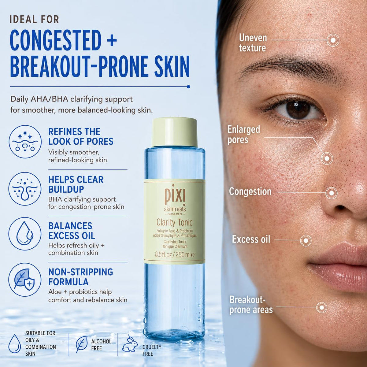 Pixi Clarity Tonic back label with ingredients list highlighting active acids benefits