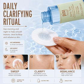 Before-and-after complexion comparison with Pixi Clarity Tonic showing smoother texture benefit
