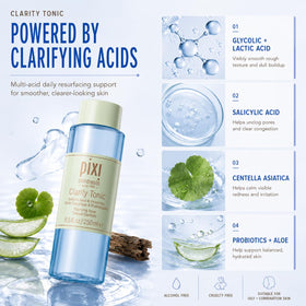 Pixi Clarity Tonic on cotton pad being swept across face demonstrating pore-clearing benefit