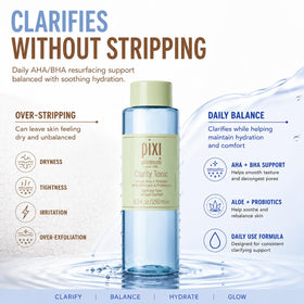 Pixi Clarity Tonic next to standard water bottle showing the 250 ml size benefit