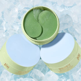 Pixi patch applied under eye illustrating immediate depuffing effect
