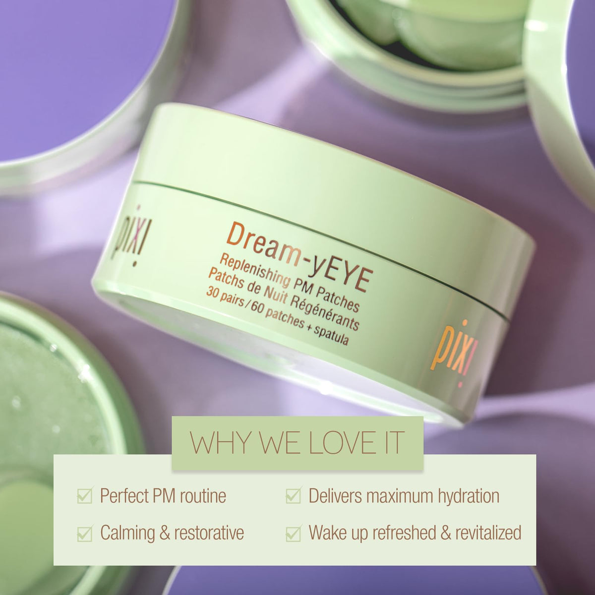 Pixi patches applied under eyes chilled to show soothing de-puffing and cooling benefit