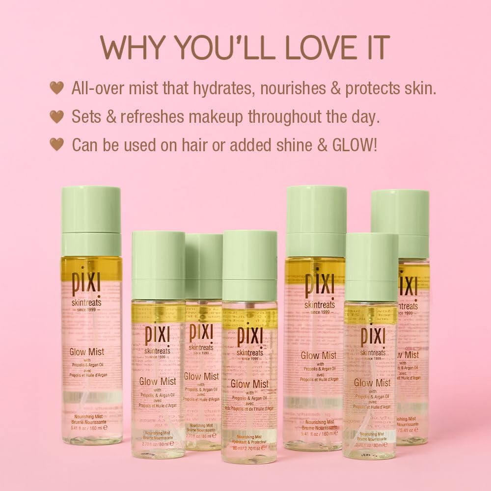Pixi Glow Mist close-up label highlighting botanical oil blend benefits