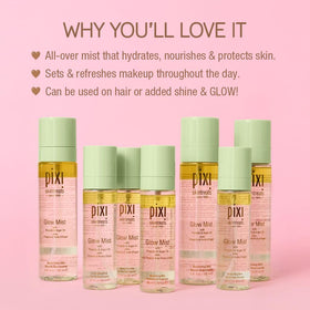 Pixi Glow Mist close-up label highlighting botanical oil blend benefits