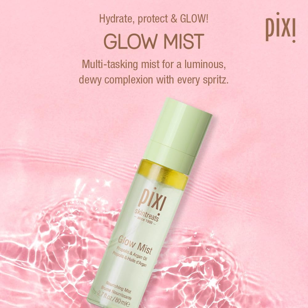 Pixi Glow Mist spraying fine mist to hydrate skin and refresh makeup