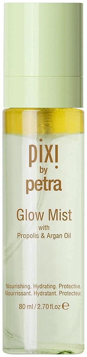 Pixi Glow Mist front packaging showing bottle and dewy finish benefits