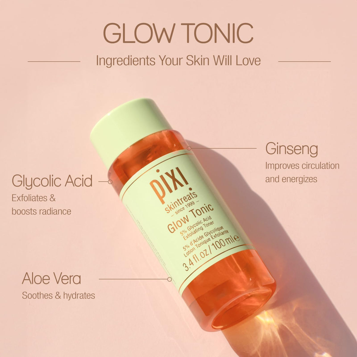 Close-up of Pixi Glow Tonic texture on cotton pad highlighting gentle exfoliation