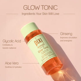 Close-up of Pixi Glow Tonic texture on cotton pad highlighting gentle exfoliation