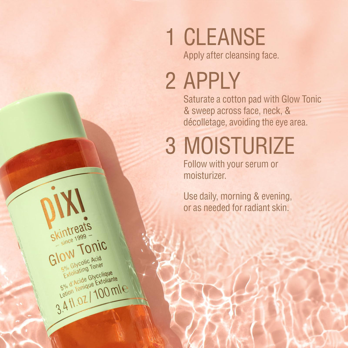 Pixi Glow Tonic staged on bathroom shelf suggesting daily skincare routine use
