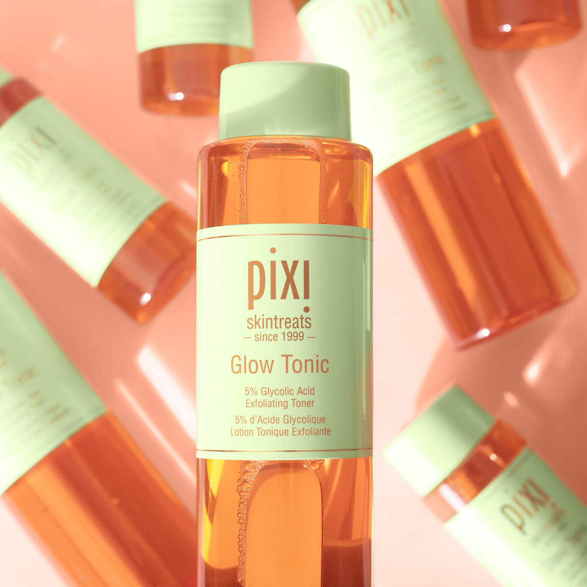 Pixi Glow Tonic on bathroom counter in routine setting promoting daily use