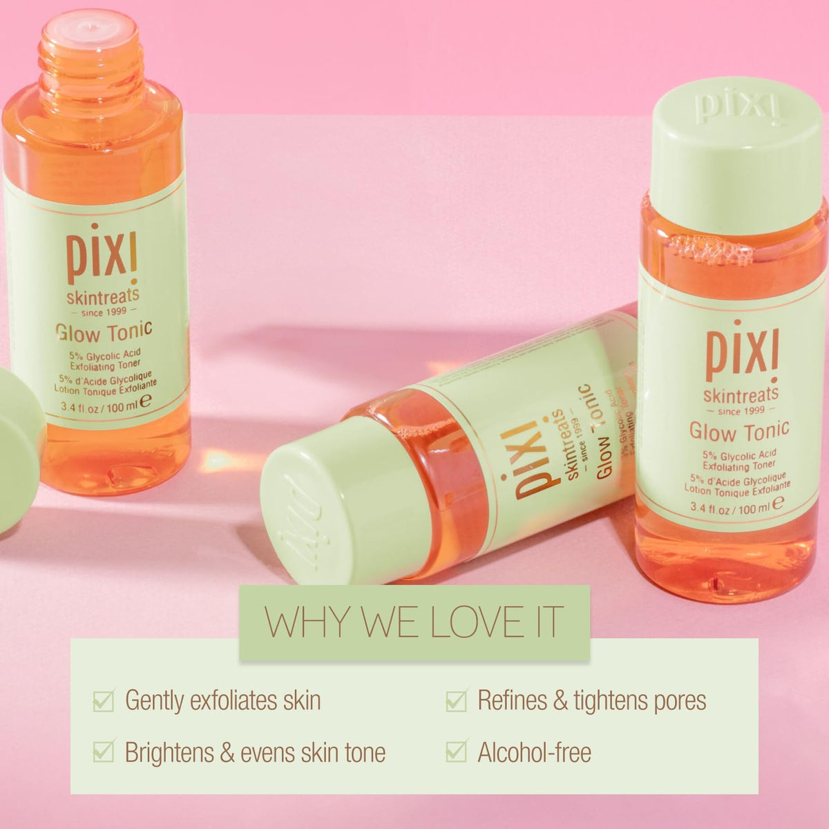 Hand holding Pixi Glow Tonic bottle to show size and travel-friendly 3.4 fl oz