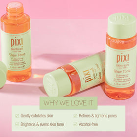 Hand holding Pixi Glow Tonic bottle to show size and travel-friendly 3.4 fl oz