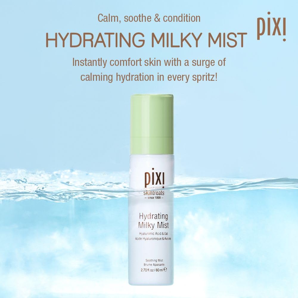 Pixi mist spraying hydration over face for instant comfort