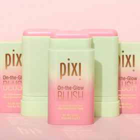 Pixi On-the-Glow applied on lips showing hydrated, buildable tint
