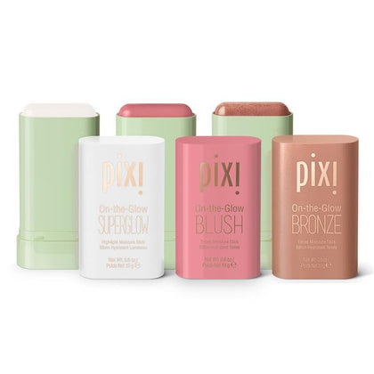 Pixi front packaging trio showing compact travel-ready sticks and branding benefit travel convenience