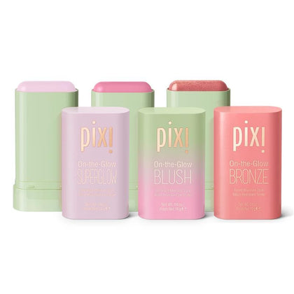 Pixi On-the-Glow trio front packaging showing compact sticks and branding for easy travel