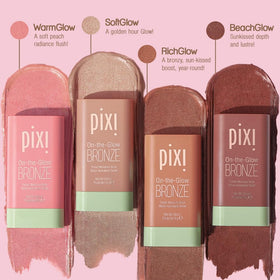 Pixi bronzer next to hand for size comparison showing compact portability benefit