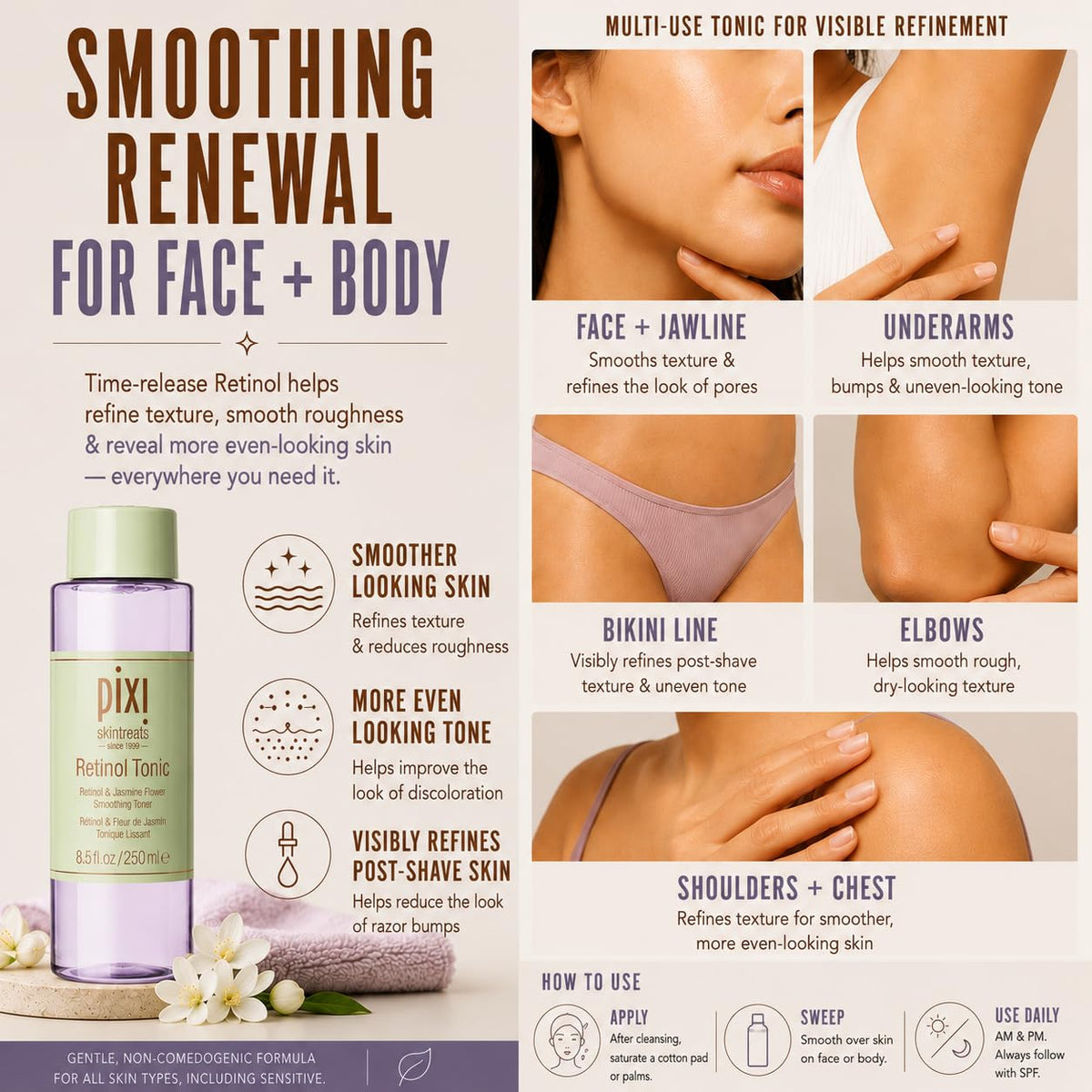 Pixi bottle with botanicals flatlay showing natural extracts and antioxidants