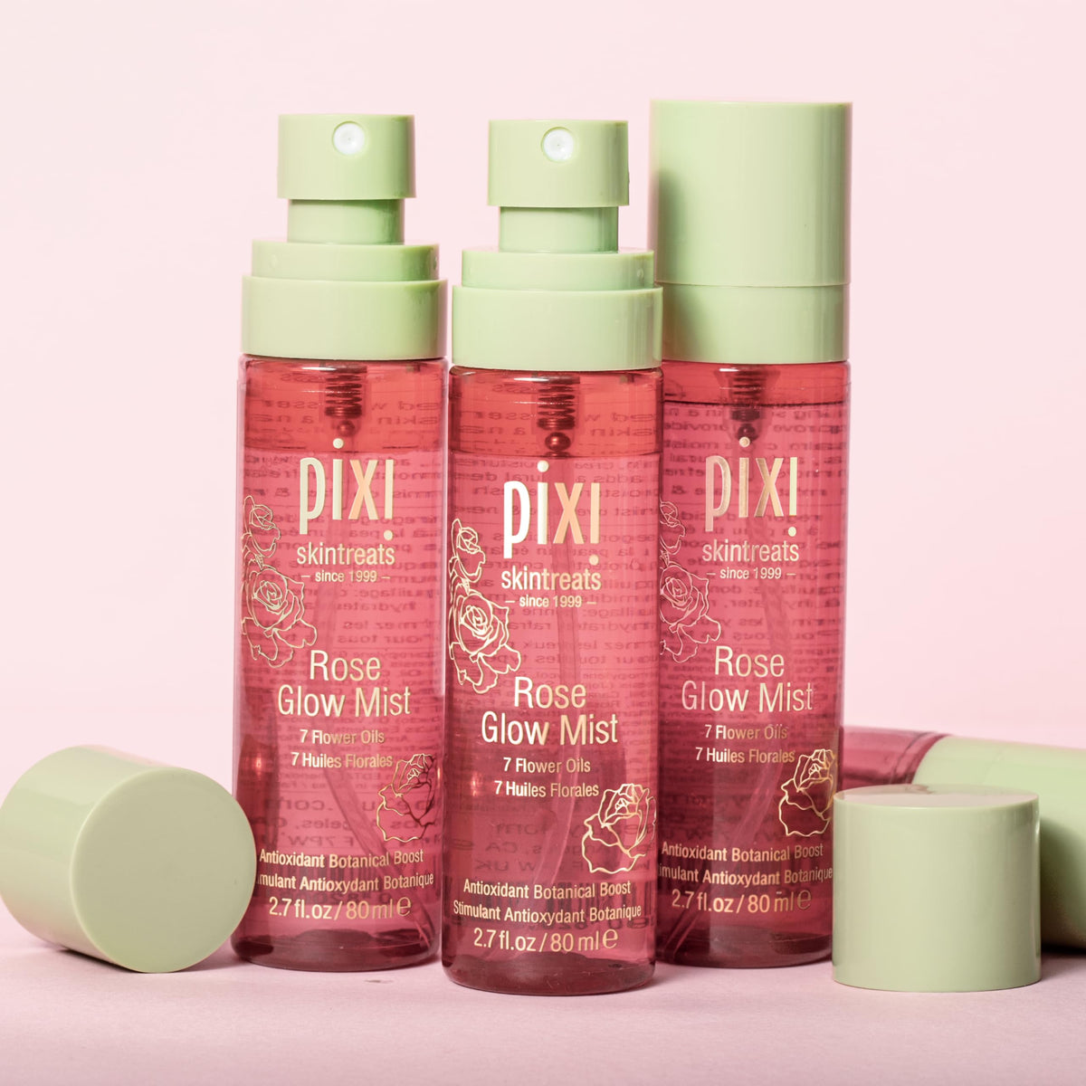 Pixi Rose Glow Mist applied to hair ends offering subtle shine