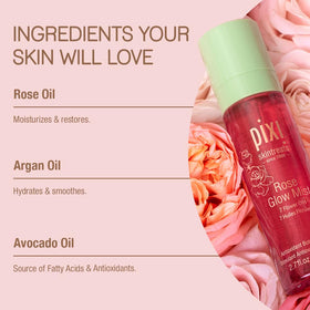 Pixi Rose Glow Mist ingredient spread highlighting botanical oils benefits