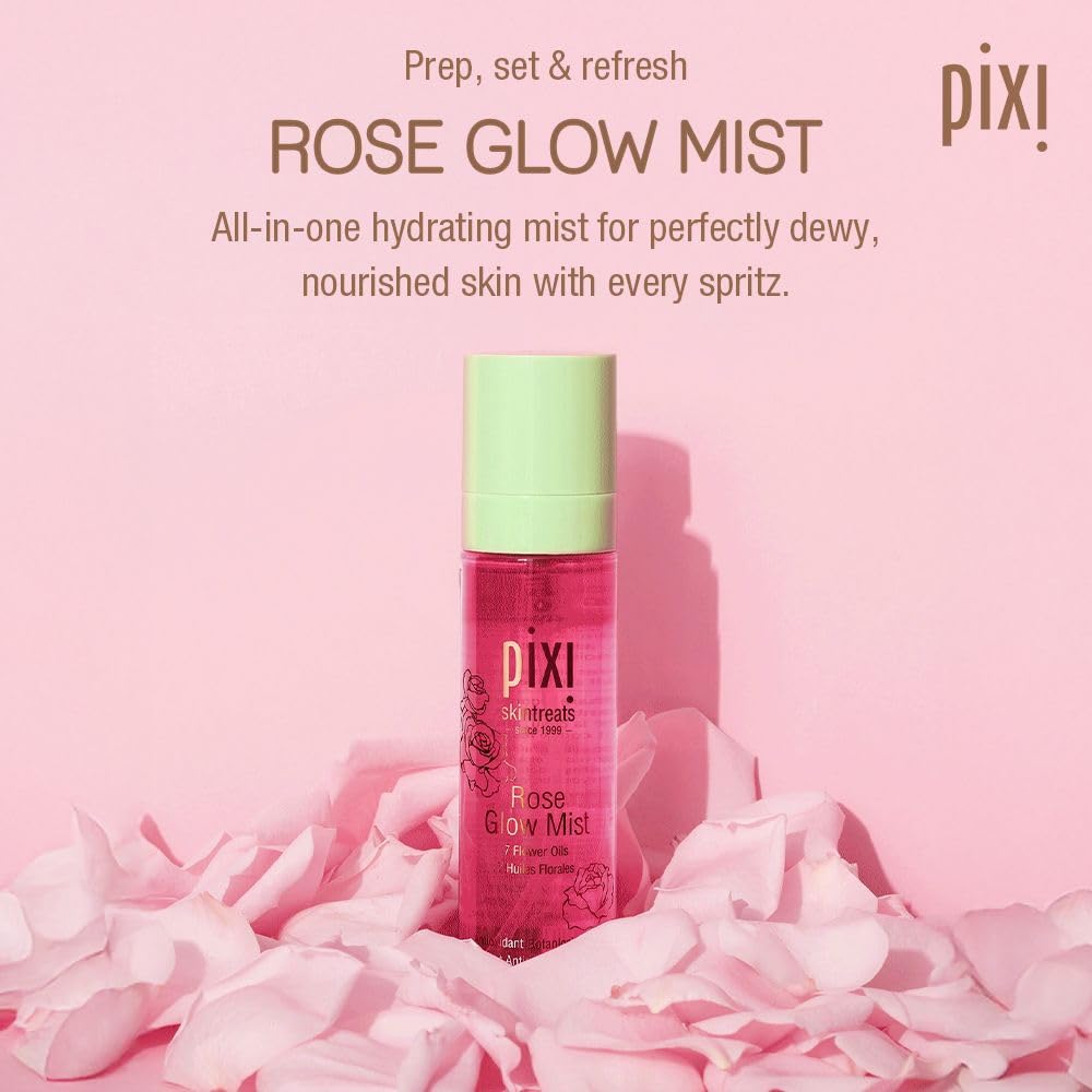 Pixi Rose Glow Mist fine spray in action adds instant hydration