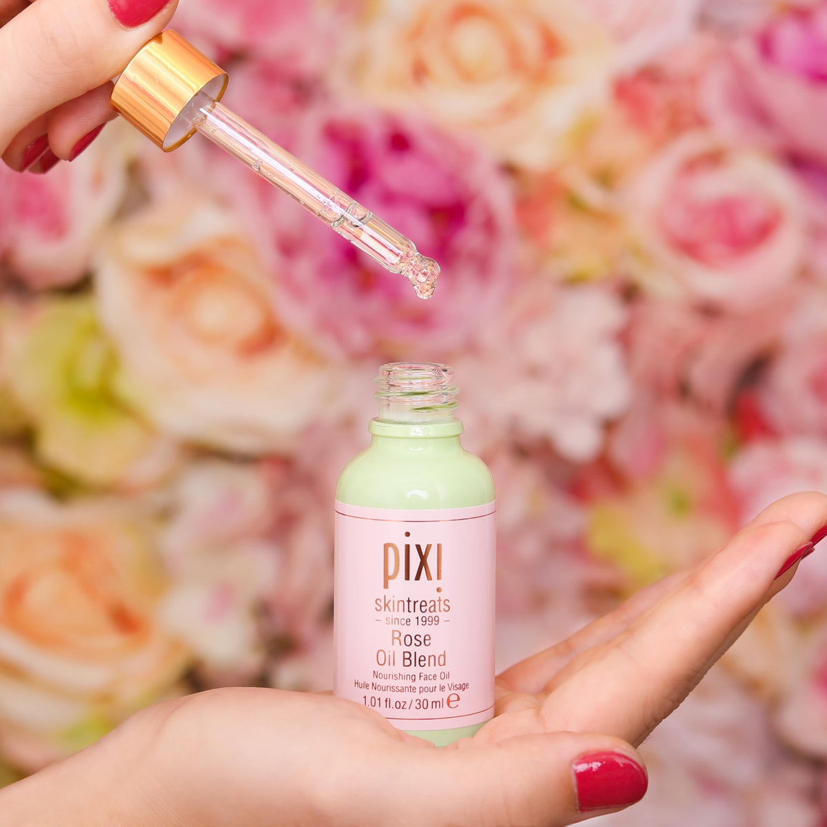 Pixi application step with hand massaging drops showing simple routine