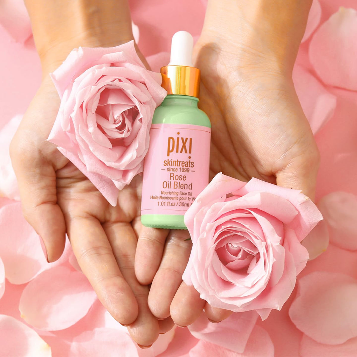 Pixi ingredients flatlay with rosehip and jojoba showing natural blend