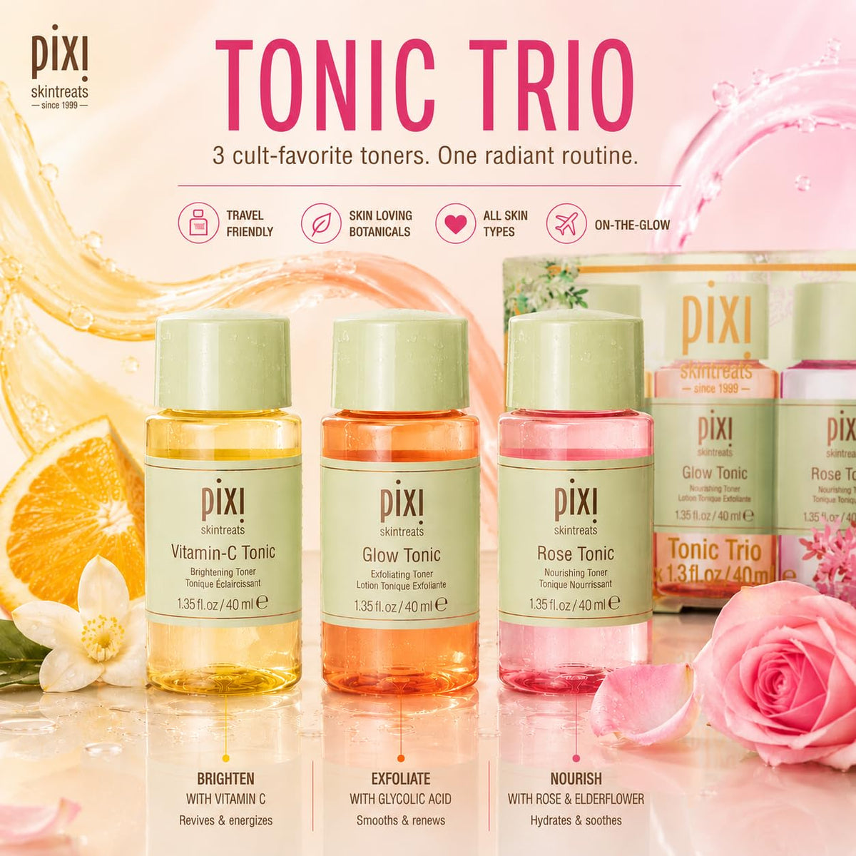 Pixi glow tonic bottle close-up highlighting gentle exfoliating benefit