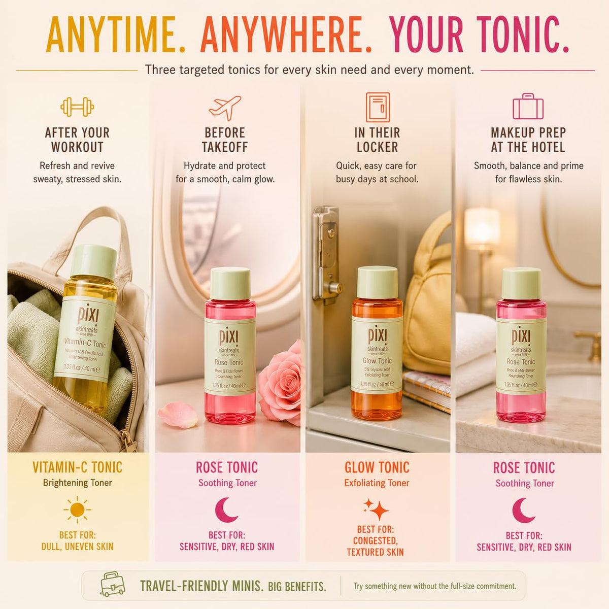 Pixi tonic trio packed in a travel bag demonstrating TSA-friendly sizes