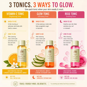 Pixi tonics arranged with cleanser and serum showing routine compatibility