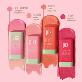 Pixi trio on model in daylight showing natural dewy finish and layered effect