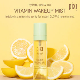 Pixi wakeup mist label closeup highlighting ingredients and product information benefit