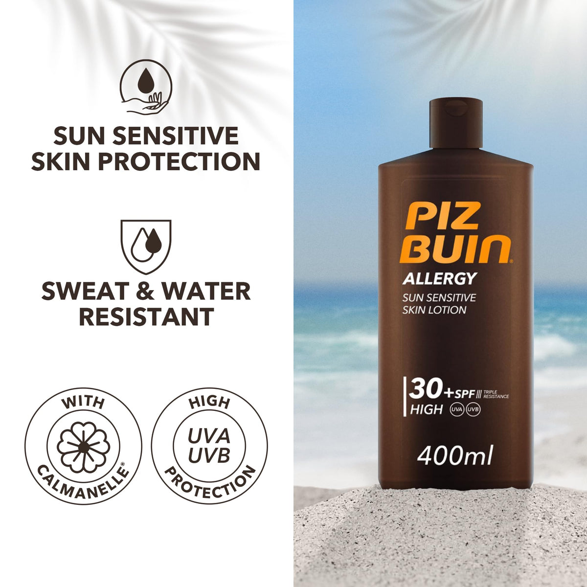 Piz Buin lotion texture close-up demonstrating quick absorption and hydration