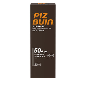 Piz Buin face cream front packaging showing SPF50+ protection and compact size