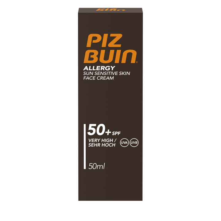 Piz Buin face cream front packaging showing SPF50+ protection and compact size