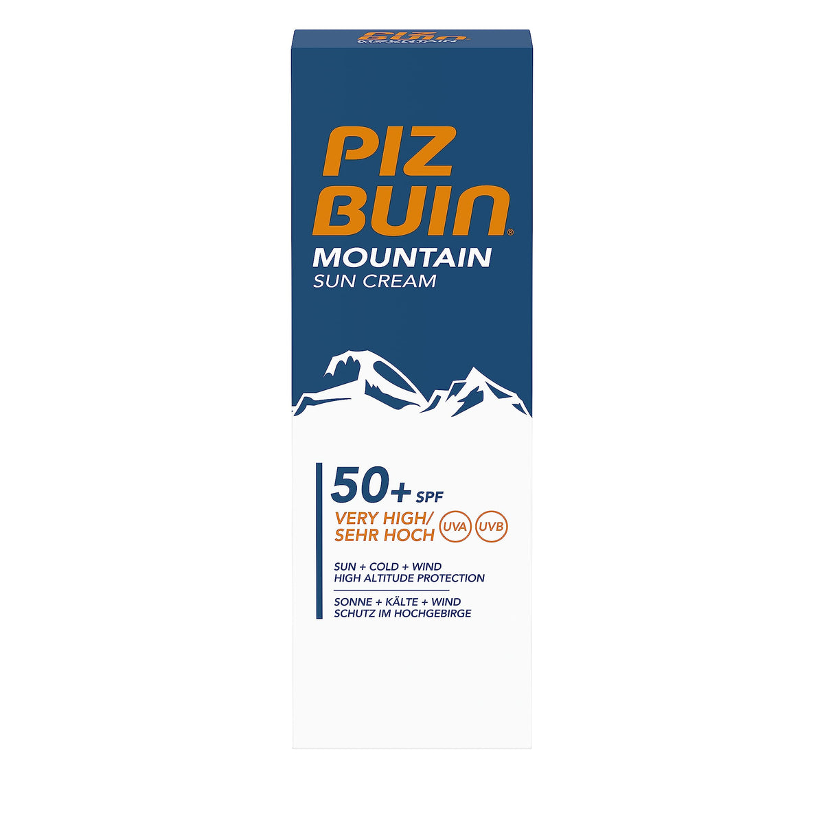 Piz Buin Mountain face SPF50 front packaging showing compact 50ml tube for travel