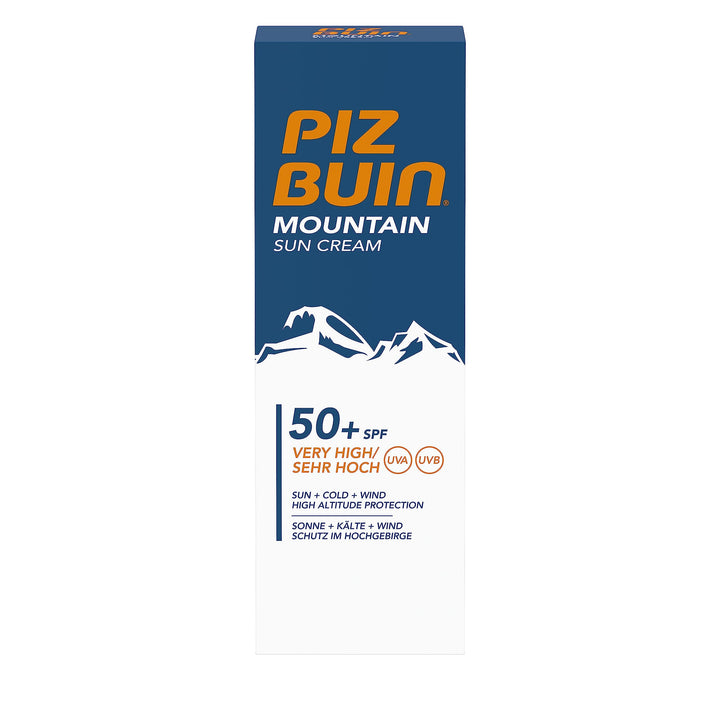 Piz Buin Mountain face SPF50 front packaging showing compact 50ml tube for travel