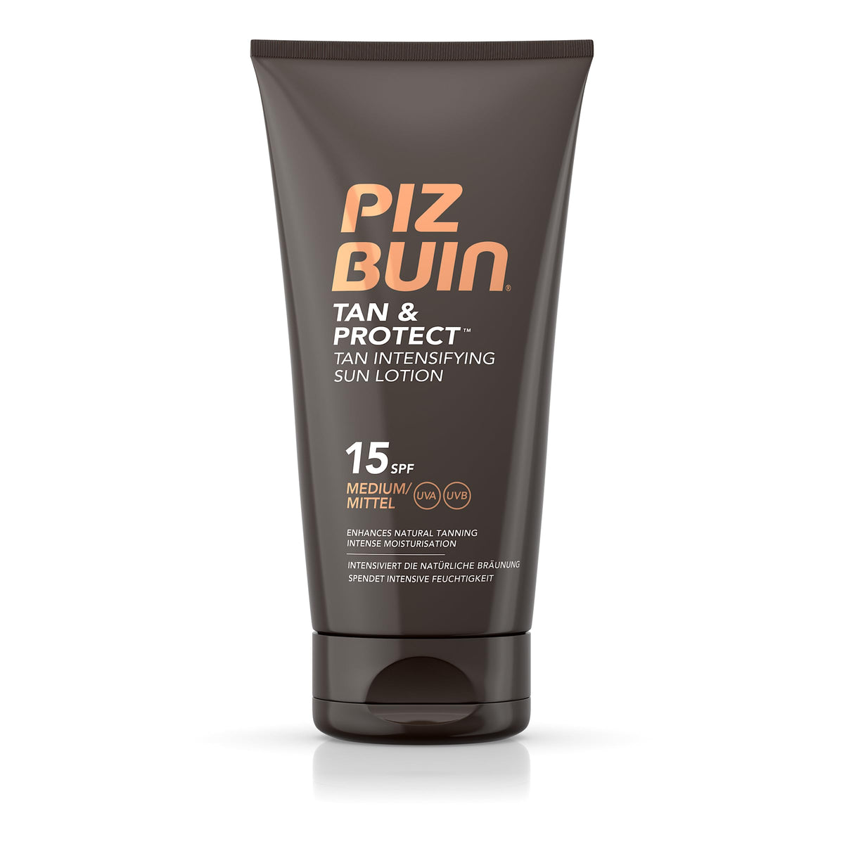 Piz Buin front packaging showing SPF15 and tan intensifier benefits