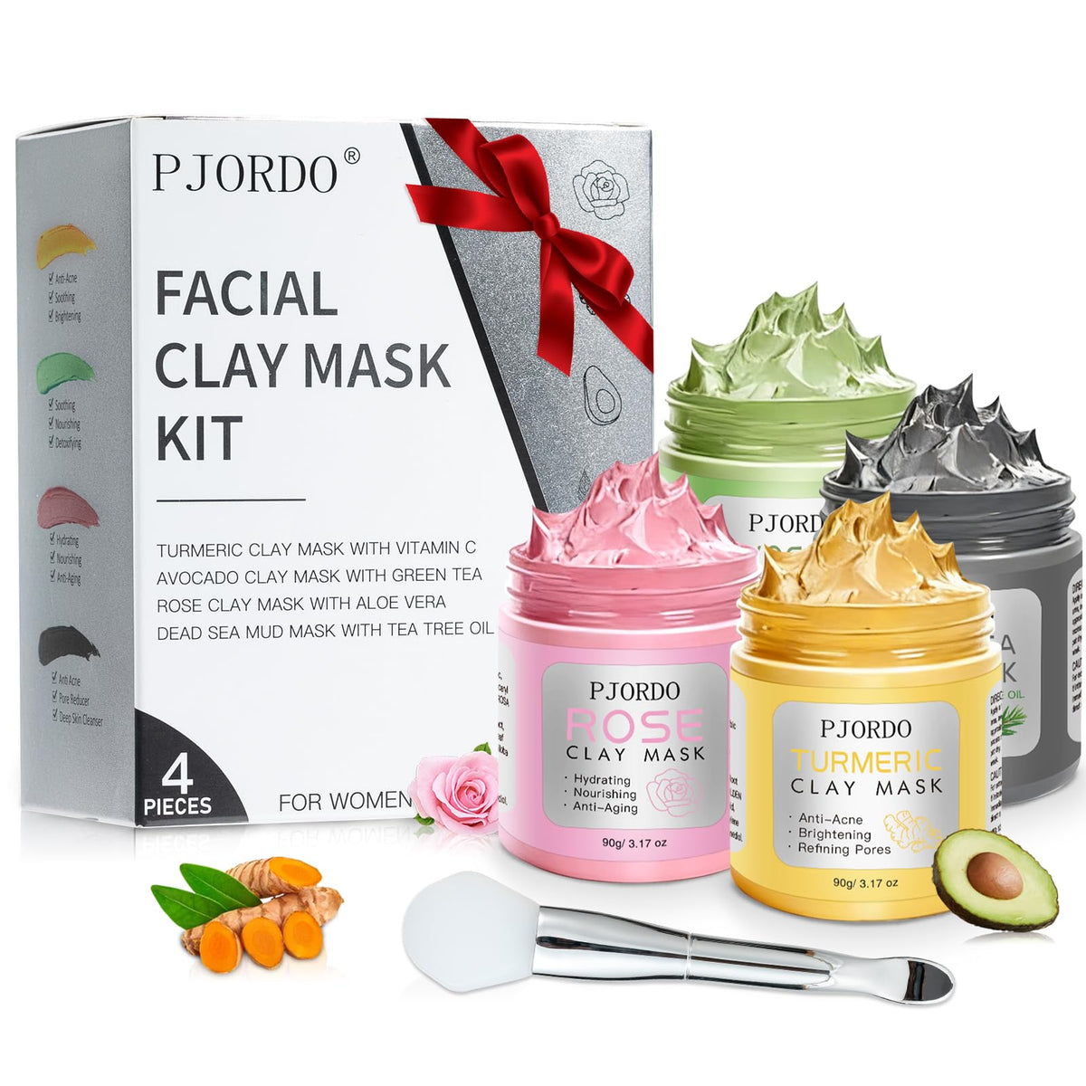 Pjordo front packaging showing four clay mask jars and applicator for convenient routine